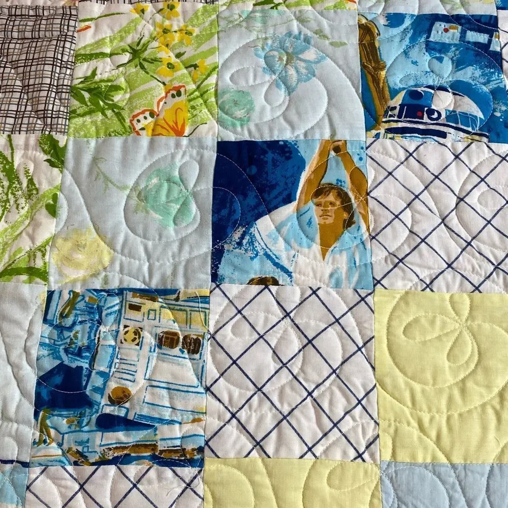 Handmade patchwork quilt with Starwars , gingham, floral , butterflies Queen